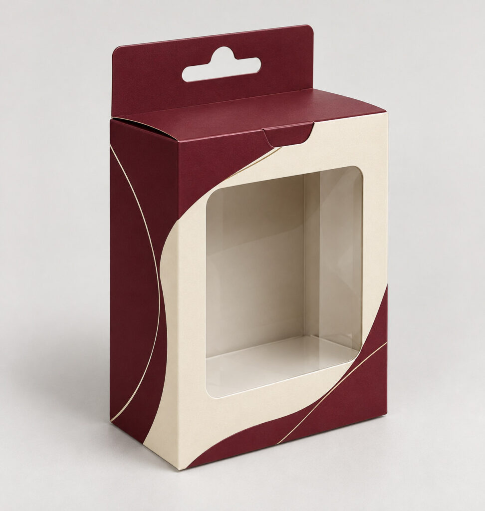 PackNiti packaging mockup: Custom Hanging Flip-top Window Box (Style 000144) (PN-PD-000144)