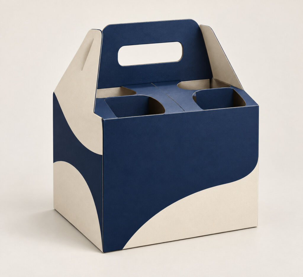 PackNiti packaging mockup: Custom FEFCO 0723 4-pack Carrier Box (PN-PD-000165)