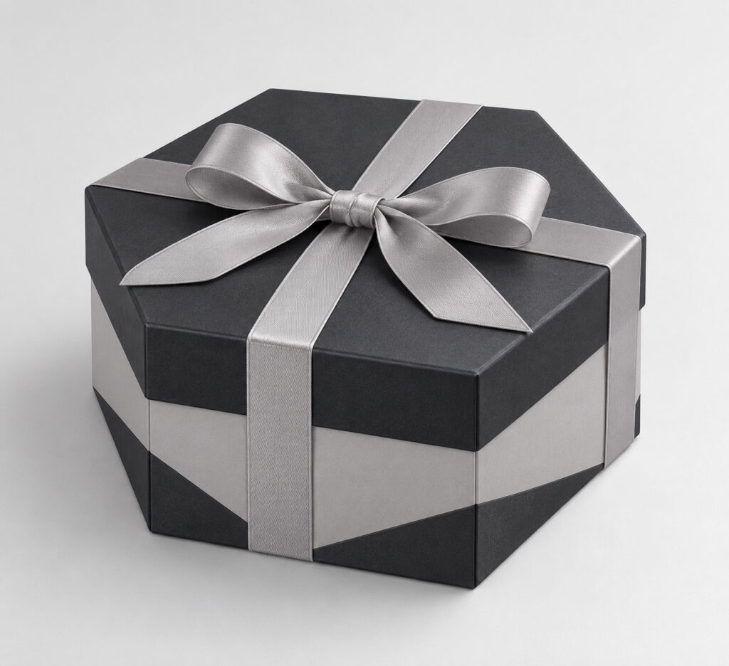 PackNiti packaging mockup: Custom Hexagon Gift Box With Ribbon (PN-PD-000179)