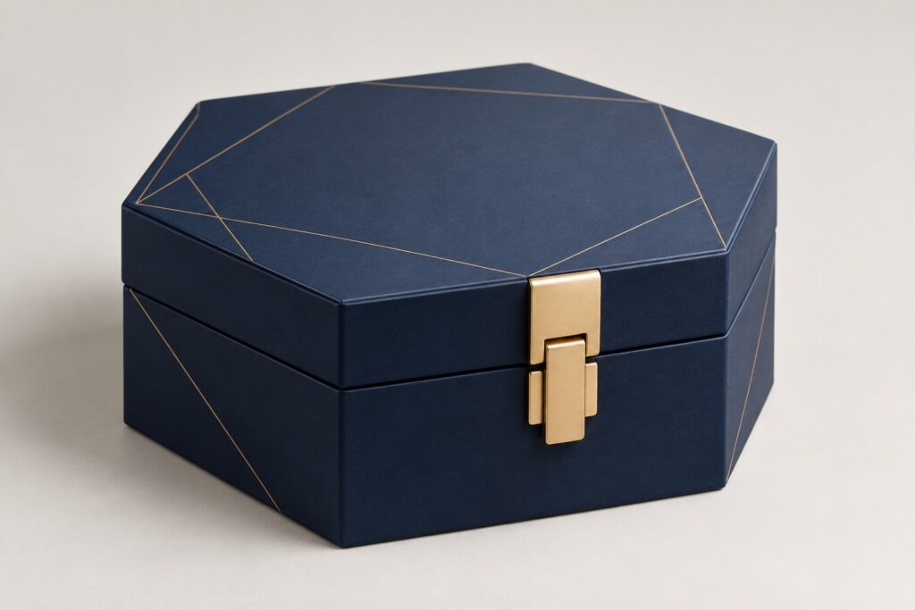PackNiti packaging mockup: Custom Hexagonal Mortise Lock Box (PN-PD-000201)