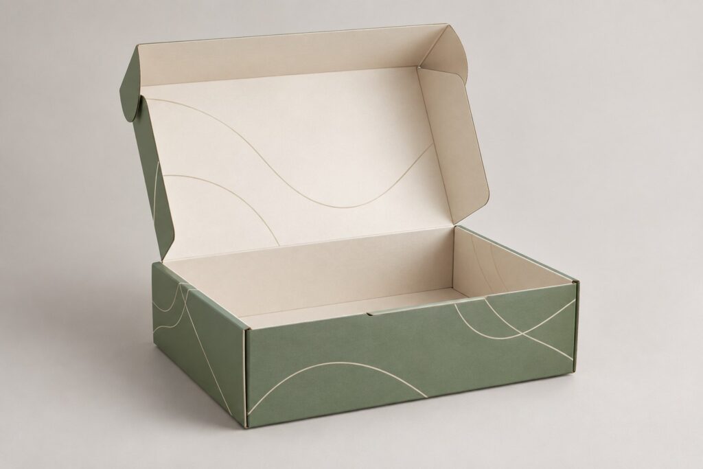 PackNiti packaging mockup: Custom FEFCO 0429 Flip Top Mailer Box (PN-PD-000202)