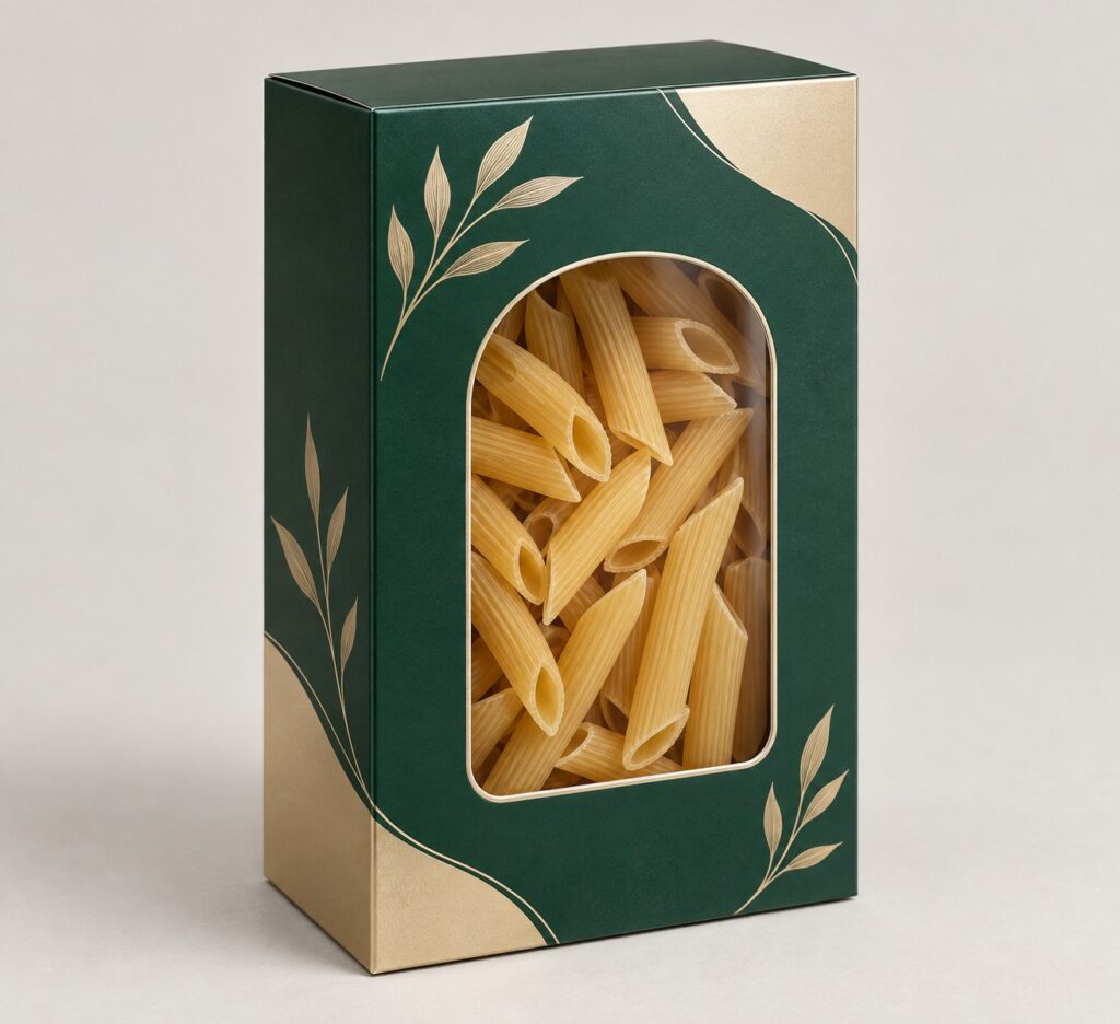 PackNiti packaging mockup: Custom Pasta Box With Window (Style 000210) (PN-PD-000210)