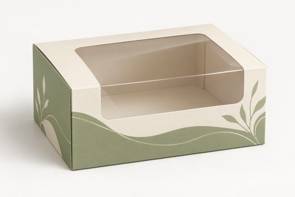 PackNiti packaging mockup: Custom Tuck End Window Cake Box (PN-PD-000232)