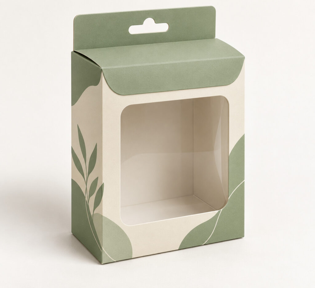 PackNiti packaging mockup: Custom Hanging Flip-top Window Box (Style 000462) (PN-PD-000462)