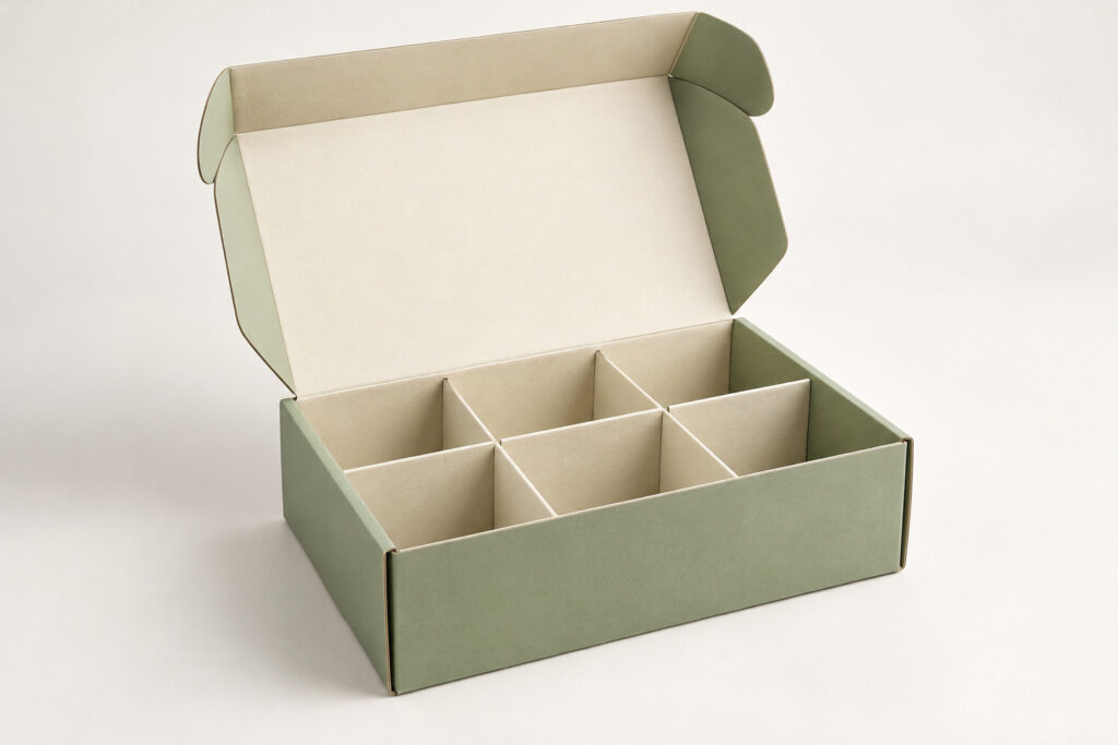 PackNiti packaging mockup: Custom FEFCO 0207 Cartons Six Grids Shipping Box (PN-PD-000492)
