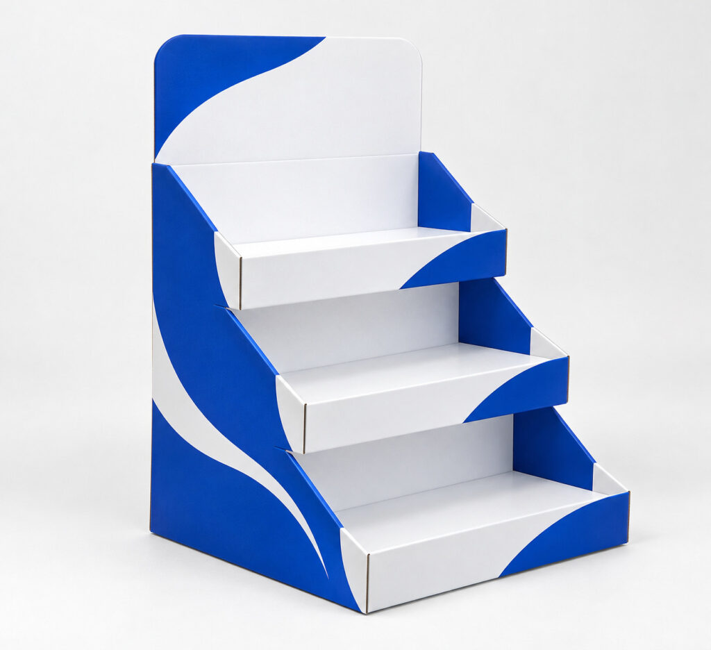 PackNiti packaging mockup: Custom 3-tier Cardboard Product Display (PN-PD-000523)