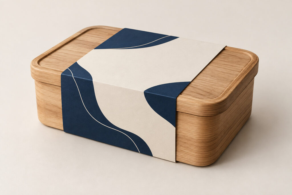 PackNiti packaging mockup: Custom Wood Food Box With Paper Sleeve (PN-PD-000565)