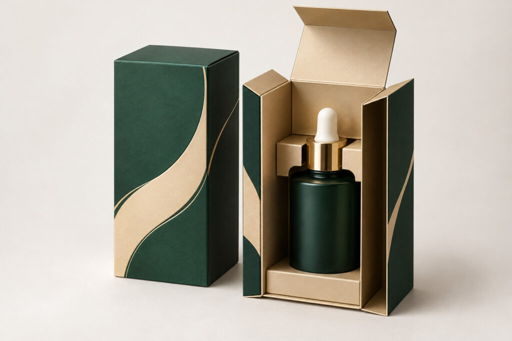 PackNiti packaging mockup: Custom Serum Box With Bottle Neck Lock (PN-PD-000570)