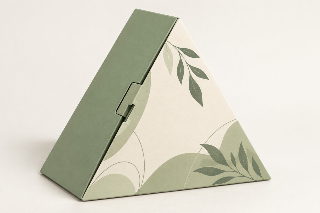 PackNiti packaging mockup: Custom Polygonal Boxes Side Mortise Locks Triangle (PN-PD-000572)