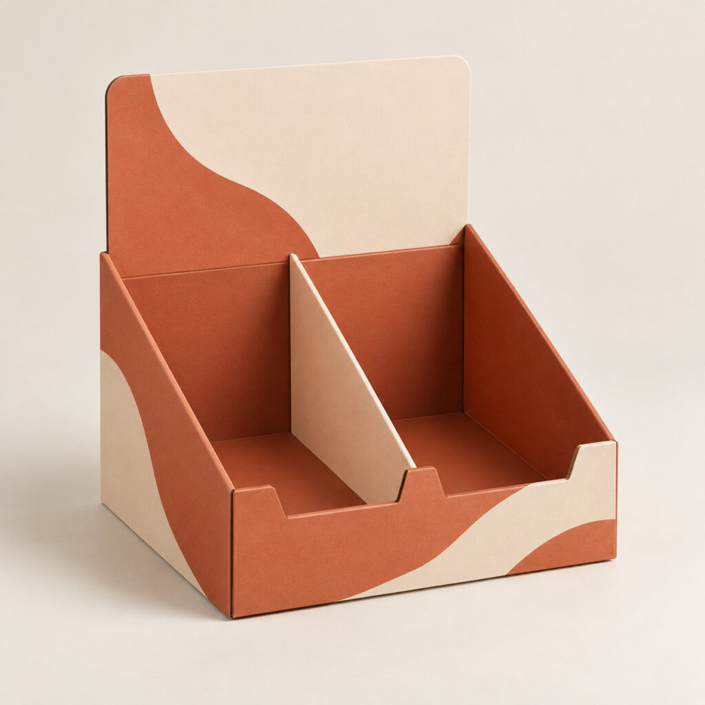PackNiti packaging mockup: Custom FEFCO 0716 Two Cells Display Box (PN-PD-000597)