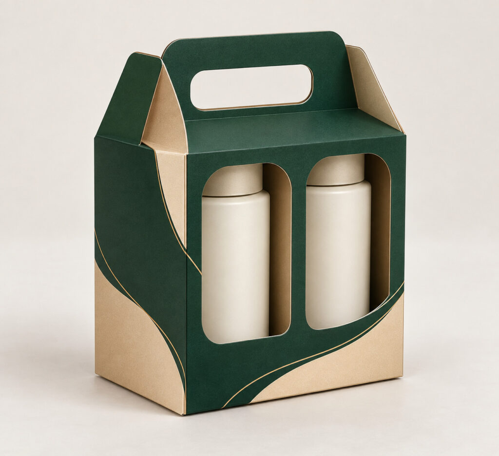 PackNiti packaging mockup: Custom 2-pack Carrier Display Box With Handle (Style 000600) (PN-PD-000600)