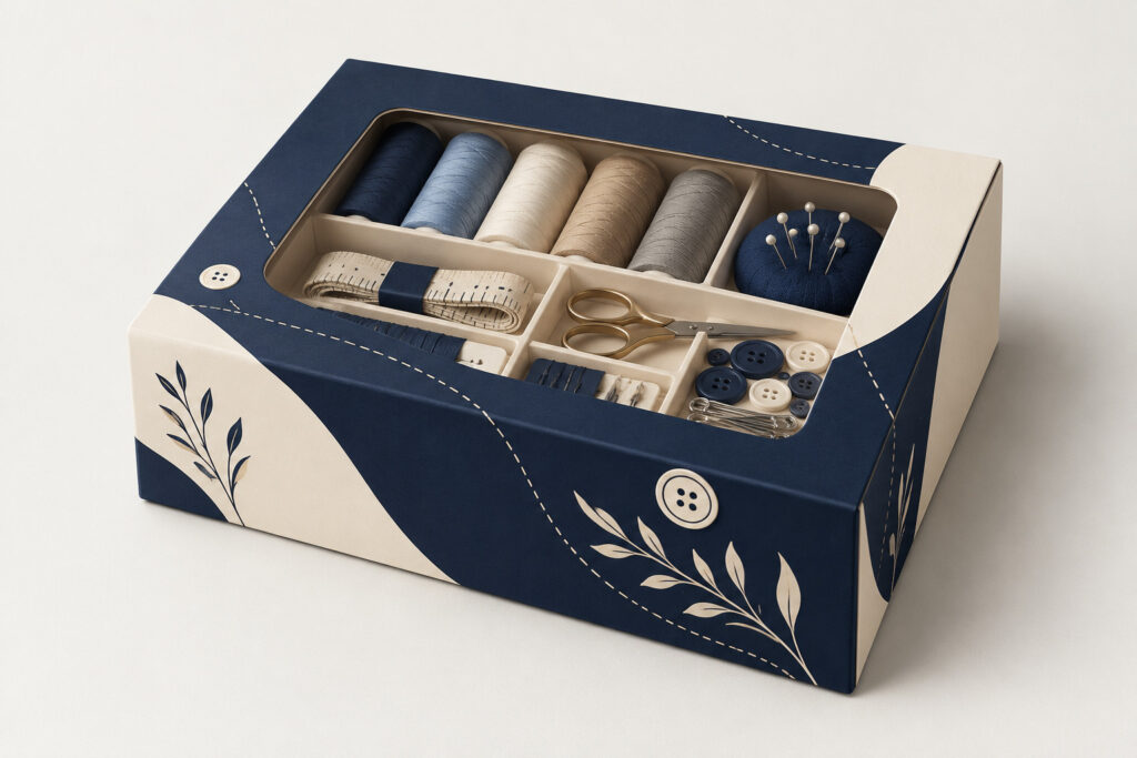 PackNiti packaging mockup: Custom Sewing Kit Box (PN-PD-000625)
