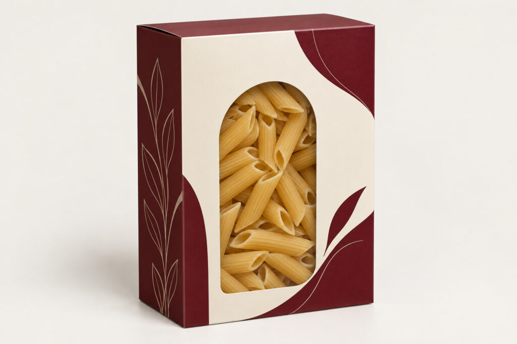 PackNiti packaging mockup: Custom Pasta Box With Window (Style 000634) (PN-PD-000634)