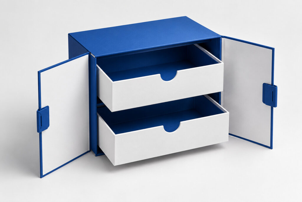 PackNiti packaging mockup: Custom Double Tray Boxes Double Door With Auto Locks Snap Lock (PN-PD-000653)