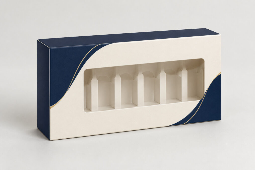 PackNiti packaging mockup: Custom Tuck End Window Ampoule Box (PN-PD-000701)