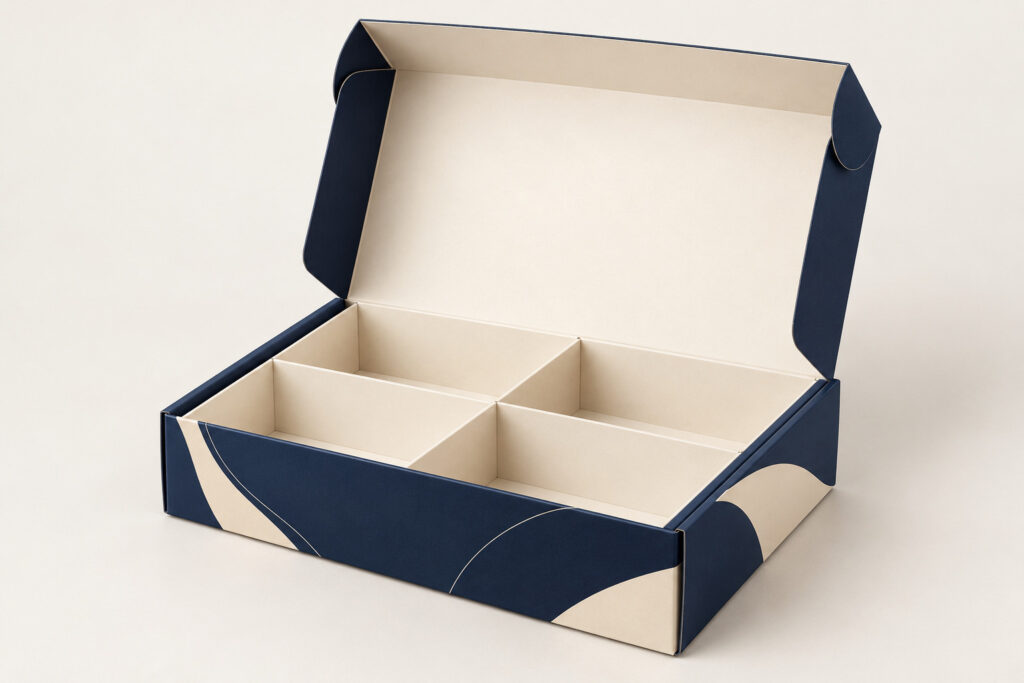 PackNiti packaging mockup: Custom Easily Foldable Four-compartment Tray Box (PN-PD-000705)