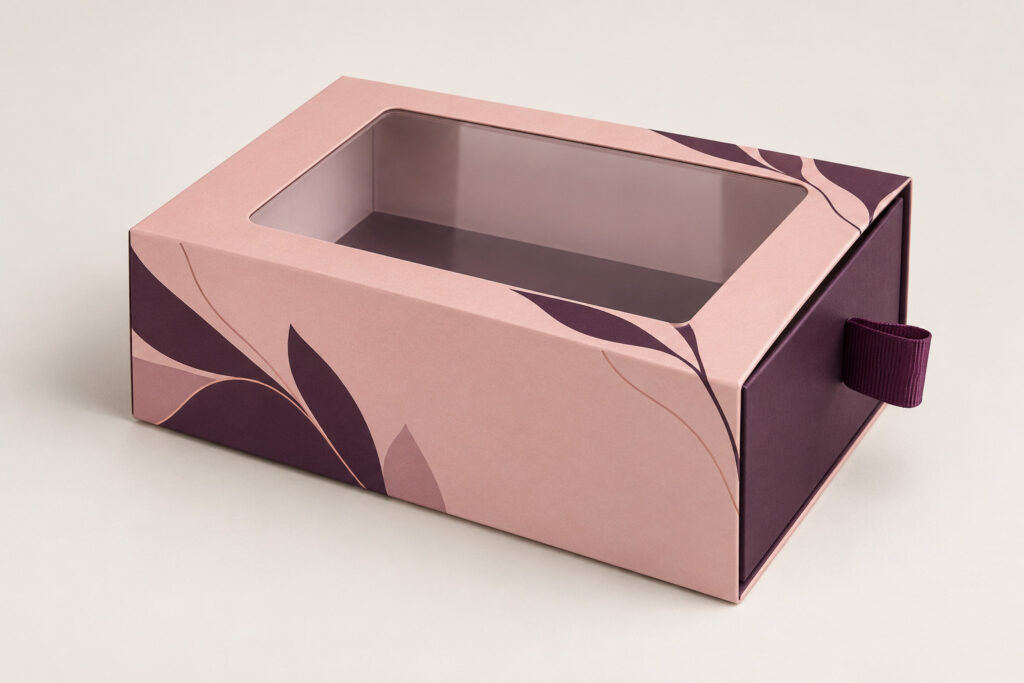 PackNiti packaging mockup: Custom Side Latch Drawer Box With Window (PN-PD-000738)