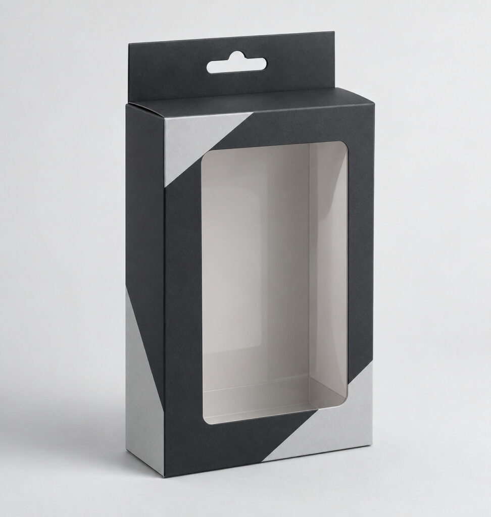 PackNiti packaging mockup: Custom Hanging Display Box With Window (Style 000749) (PN-PD-000749)