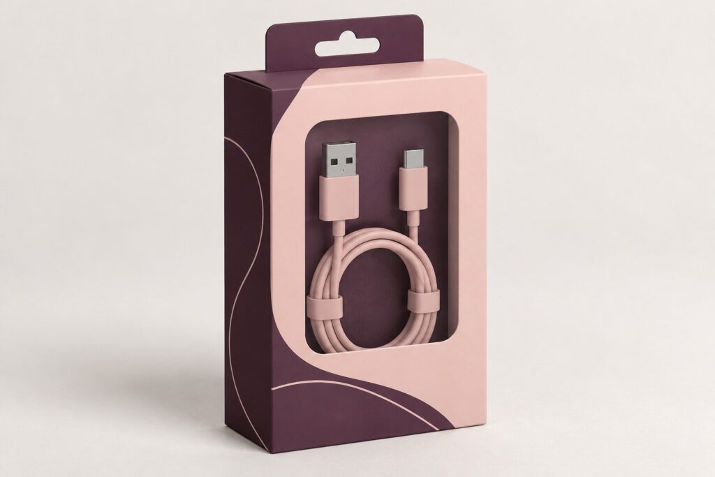 PackNiti packaging mockup: Custom Charger Cable Box (PN-PD-000758)