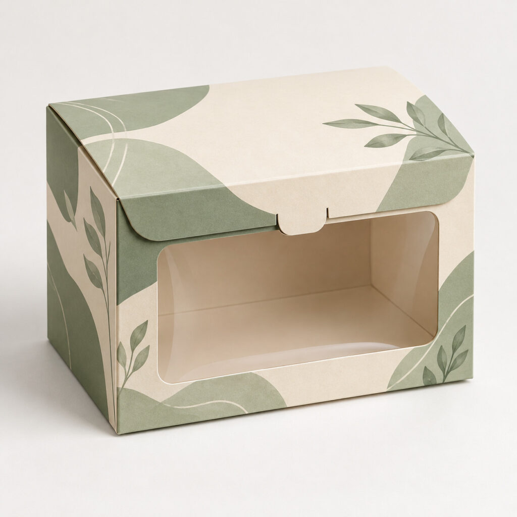 PackNiti packaging mockup: Custom Windowed Locking Flip Lid Box (PN-PD-000792)