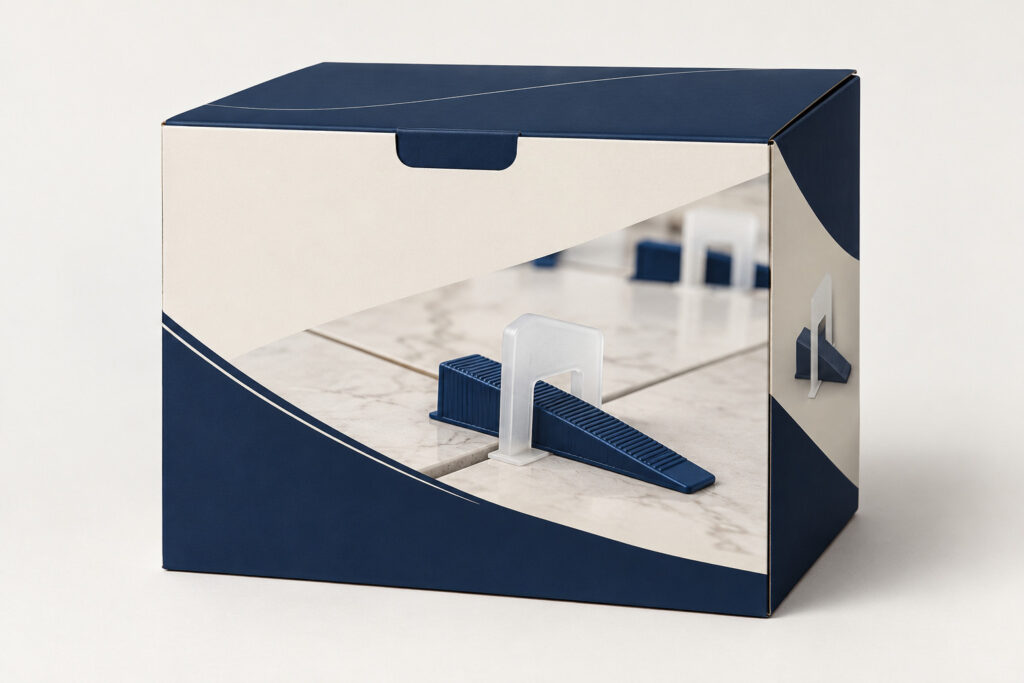 PackNiti packaging mockup: Custom Tile Leveling System Kit Box (PN-PD-000795)